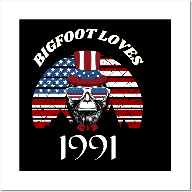Bigfoot loves America and People born in 1991 Wall Art by Scovel Design Shop